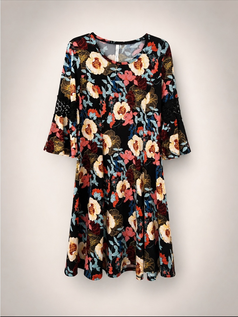 JM Collection Black Floral A-Line Dress with Bell Sleeves. NEW
